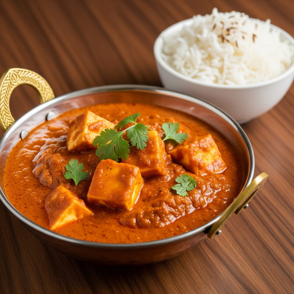 Paneer Tikka Masala, paneer cubes in a creamy tomato tikka masala sauce